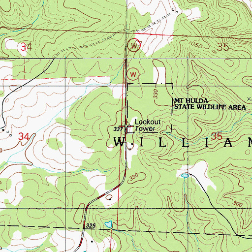 Topographic Map of Mount Hulda Lookout Tower, MO