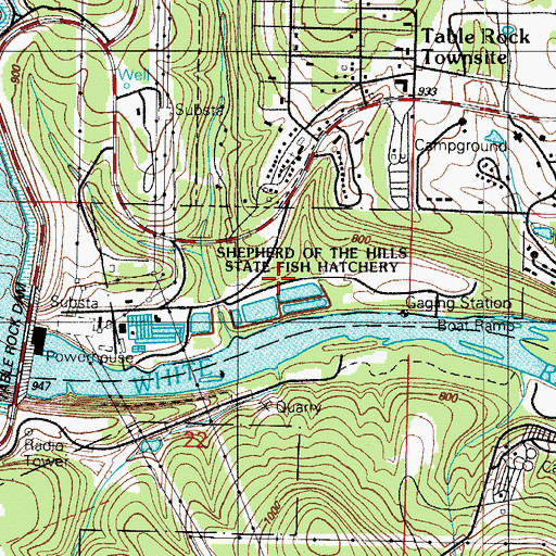 Topographic Map of Shepherd of the Hills State Fish Hatchery, MO
