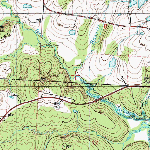 Topographic Map of Bazzill Branch, MO