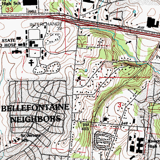 Topographic Map of Bellefontaine Church, MO