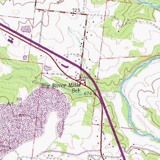 Topographic Map of Big River Mills School, MO