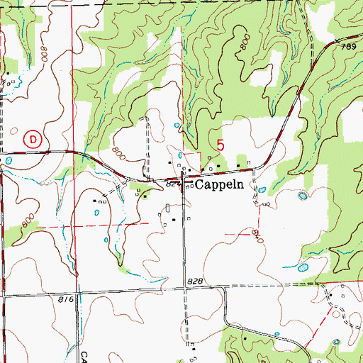 Topographic Map of Cappeln, MO