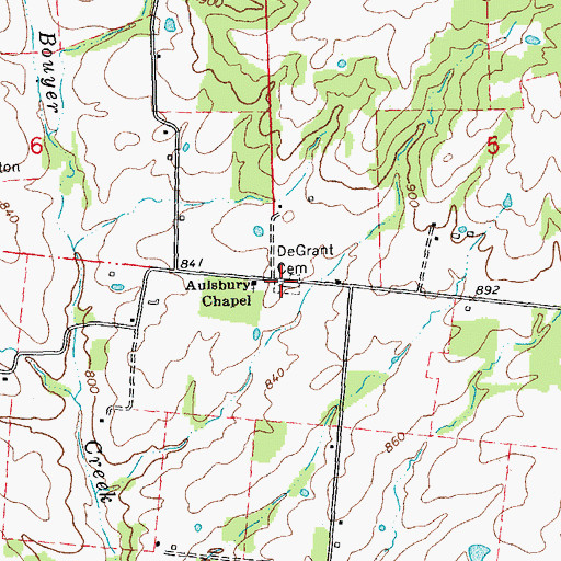 Topographic Map of De Grant Cemetery, MO