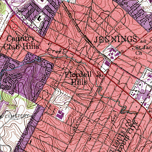 Topographic Map of Flordell Hills, MO