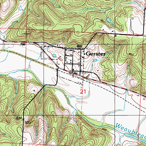 Topographic Map of Gerster, MO