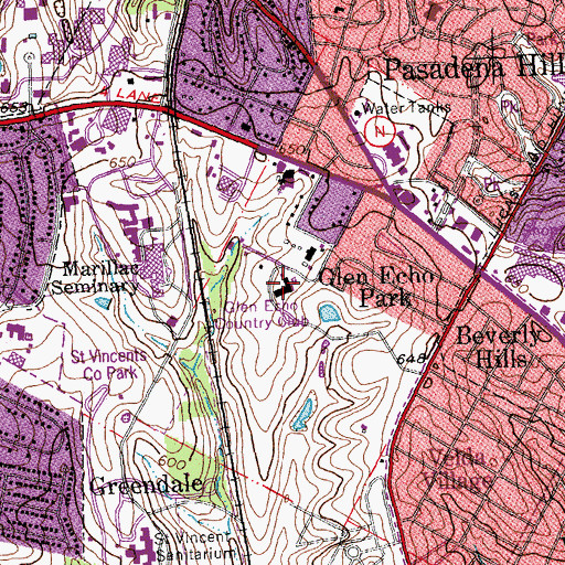 Topographic Map of Glen Echo Country Club, MO