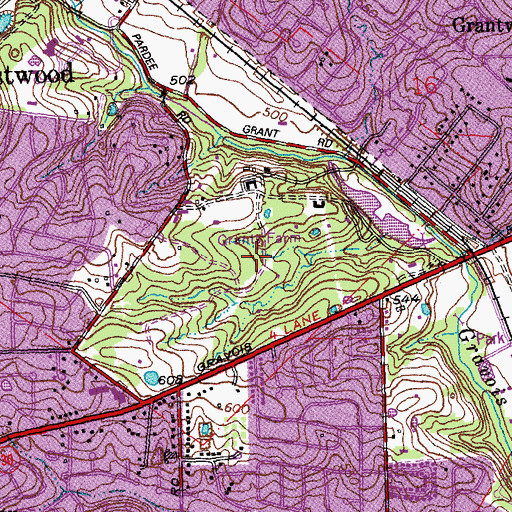 Topographic Map of Grants Farm, MO