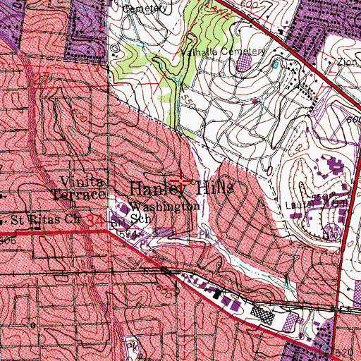 Topographic Map of Hanley Hills, MO