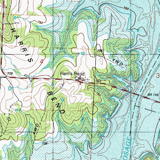 Topographic Map of Harris Bend Cemetery, MO