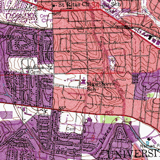 Topographic Map of Hawthorne School, MO