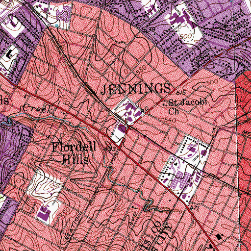 Topographic Map of Jennings, MO