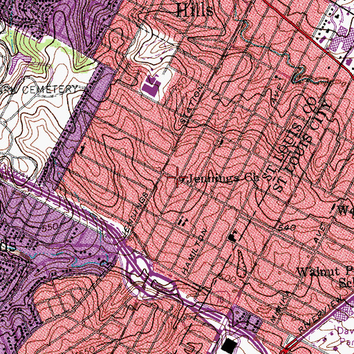 Topographic Map of Jennings Church, MO