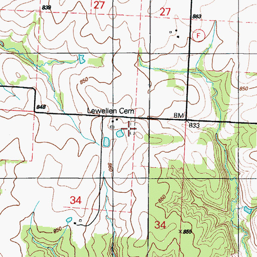 Topographic Map of Lewellen Cemetery, MO