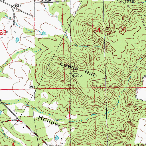 Topographic Map of Lewis Hill, MO