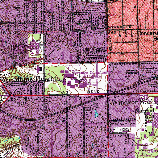 Topographic Map of Meramec Community College, MO