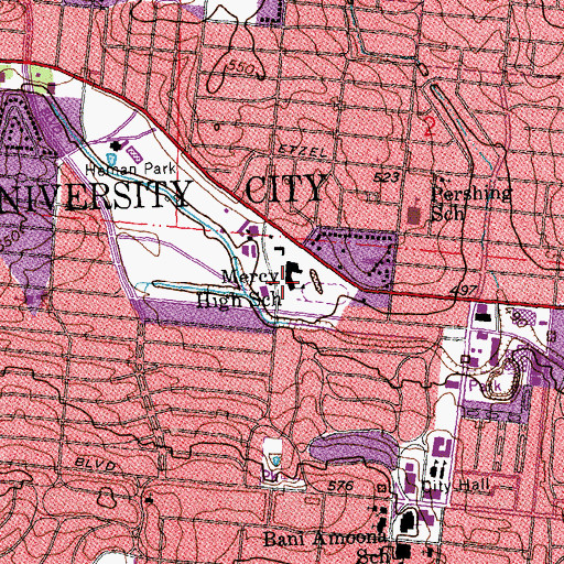 Topographic Map of Mercy High School, MO