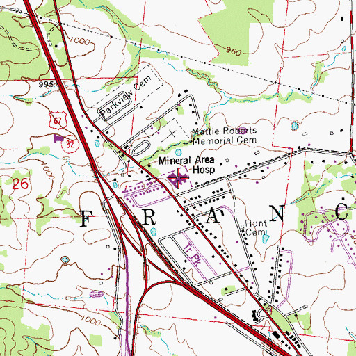 Topographic Map of Mineral Area Regional Medical Center, MO