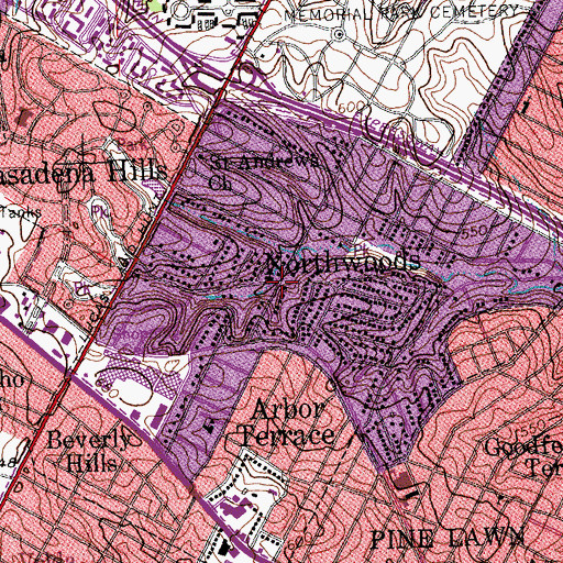 Topographic Map of Northwoods, MO