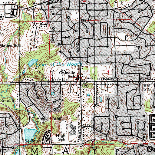 Topographic Map of Oakville School, MO