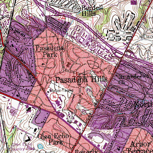 Topographic Map of Pasadena Hills, MO