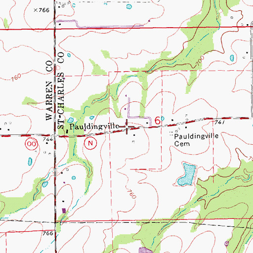 Topographic Map of Pauldingville, MO