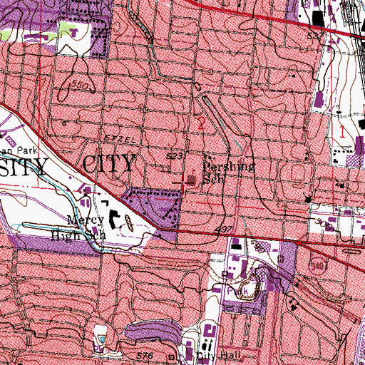 Topographic Map of Pershing School, MO
