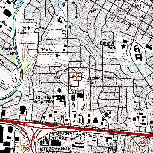 Topographic Map of Sacred Heart Cemetery, MO