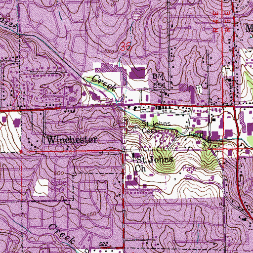 Topographic Map of Saint Johns Cemetery, MO
