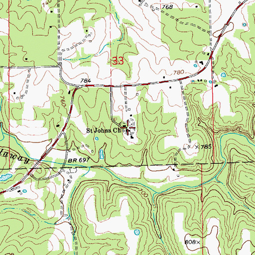 Topographic Map of Saint Johns Church, MO