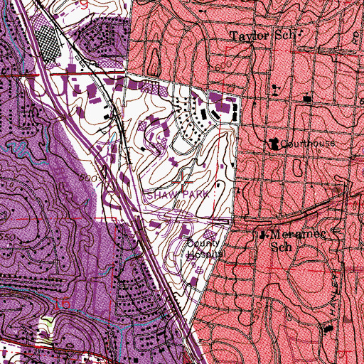 Topographic Map of Shaw Park, MO