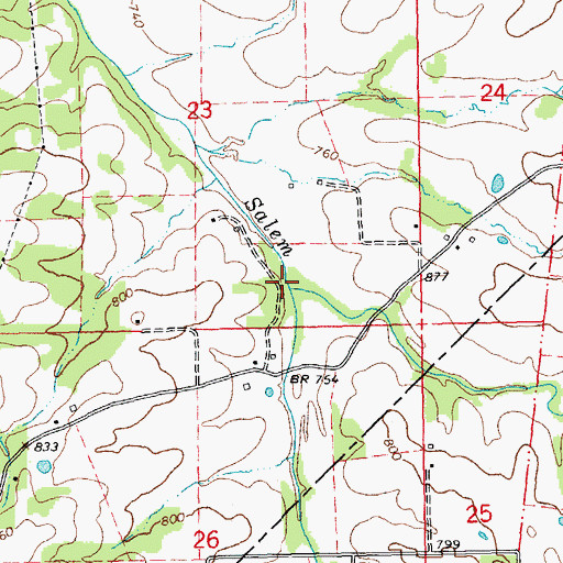 Topographic Map of Three Rivers Creek, MO