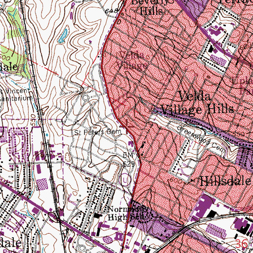 Topographic Map of Velda Village, MO