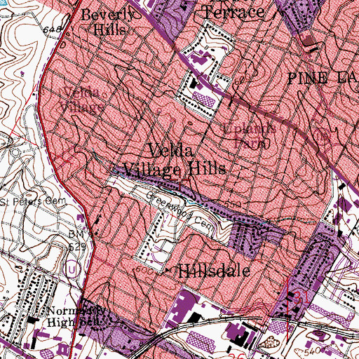 Topographic Map of Velda Village Hills, MO