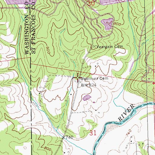 Topographic Map of Westover Cemetery, MO