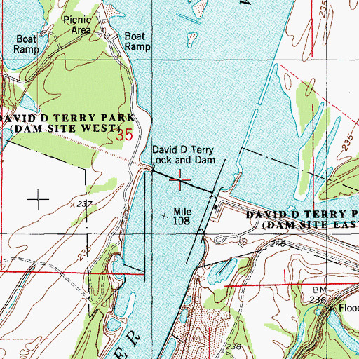 Topographic Map of David D Terry Lock and Dam, AR