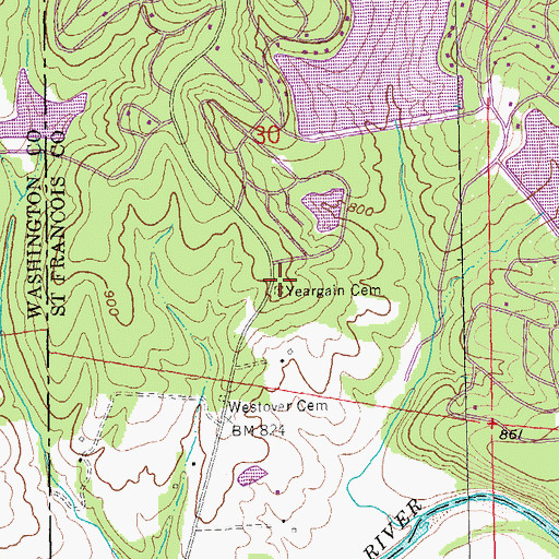 Topographic Map of Yeargain Cemetery, MO