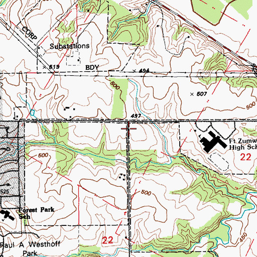 Topographic Map of Cool Springs School (historical), MO