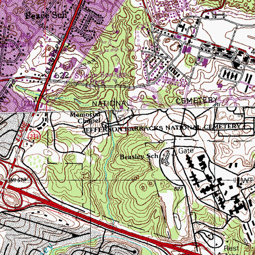 Topographic Map of Jefferson Barracks National Cemetery, MO