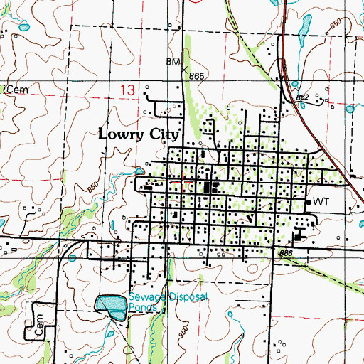 Topographic Map of Lowry City Municipal Building, MO