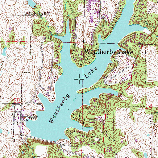 Topographic Map of Weatherby Lake, MO