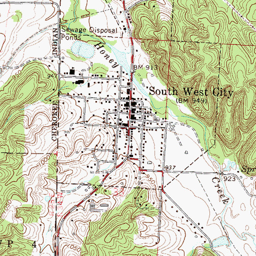 Topographic Map of South West City, MO