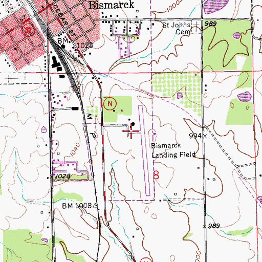 Topographic Map of Bismarck Memorial Airport, MO
