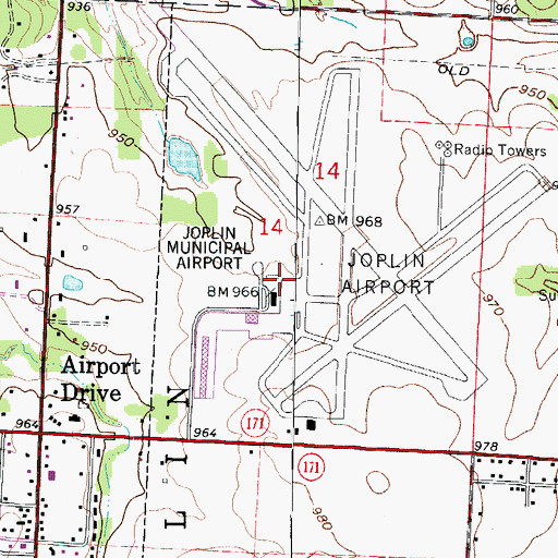 Topographic Map of Joplin Regional Airport, MO