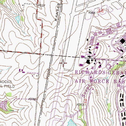 Topographic Map of Richards - Gebaur Airport (historical), MO