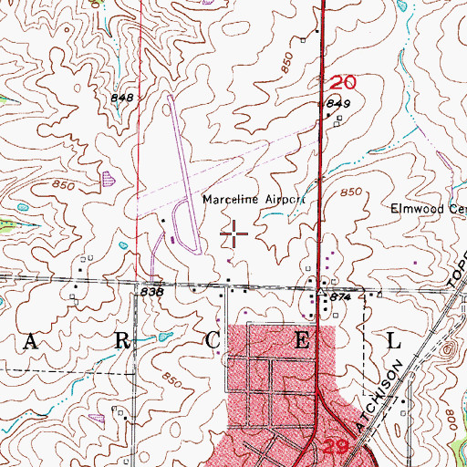 Topographic Map of Marceline Municipal Airport (historical), MO