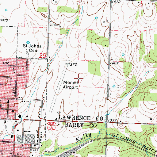 Topographic Map of Monett Airport (historical), MO