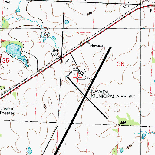 Topographic Map of Nevada Municipal Airport, MO
