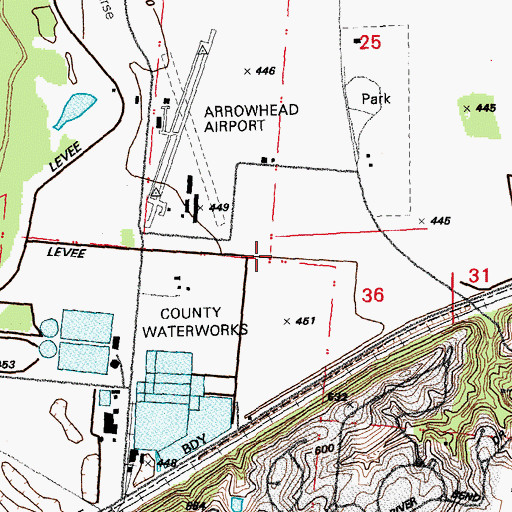 Topographic Map of Arrowhead Airport (historical), MO