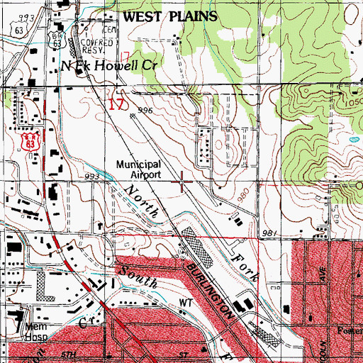 Topographic Map of West Plains Municipal Airport (historical), MO
