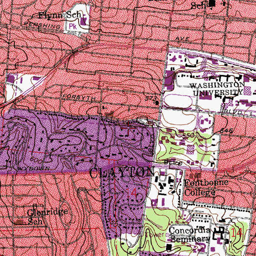 Topographic Map of KWUR-FM (Clayton), MO